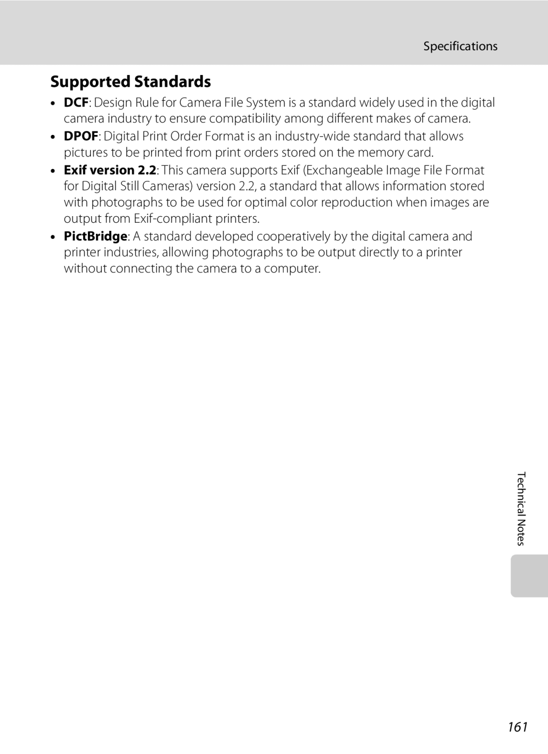 Nikon S230 user manual Supported Standards, 161 