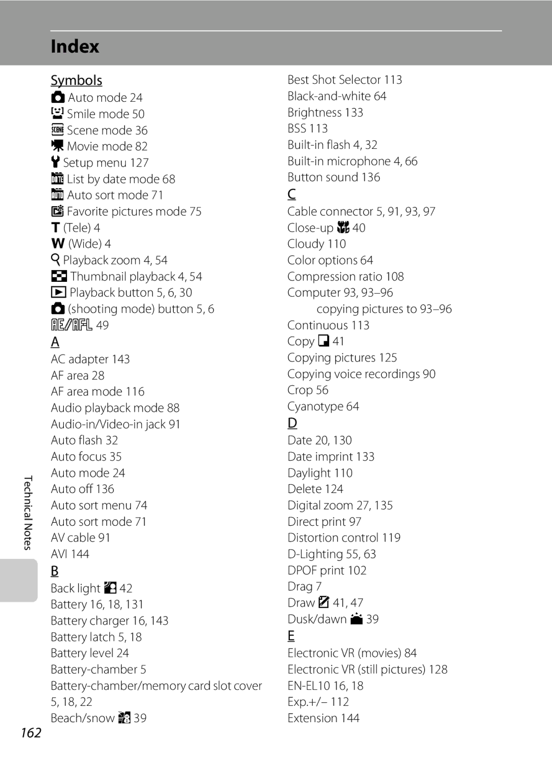 Nikon S230 user manual Index, Symbols, 162, CList by date mode 68 FAuto sort mode 