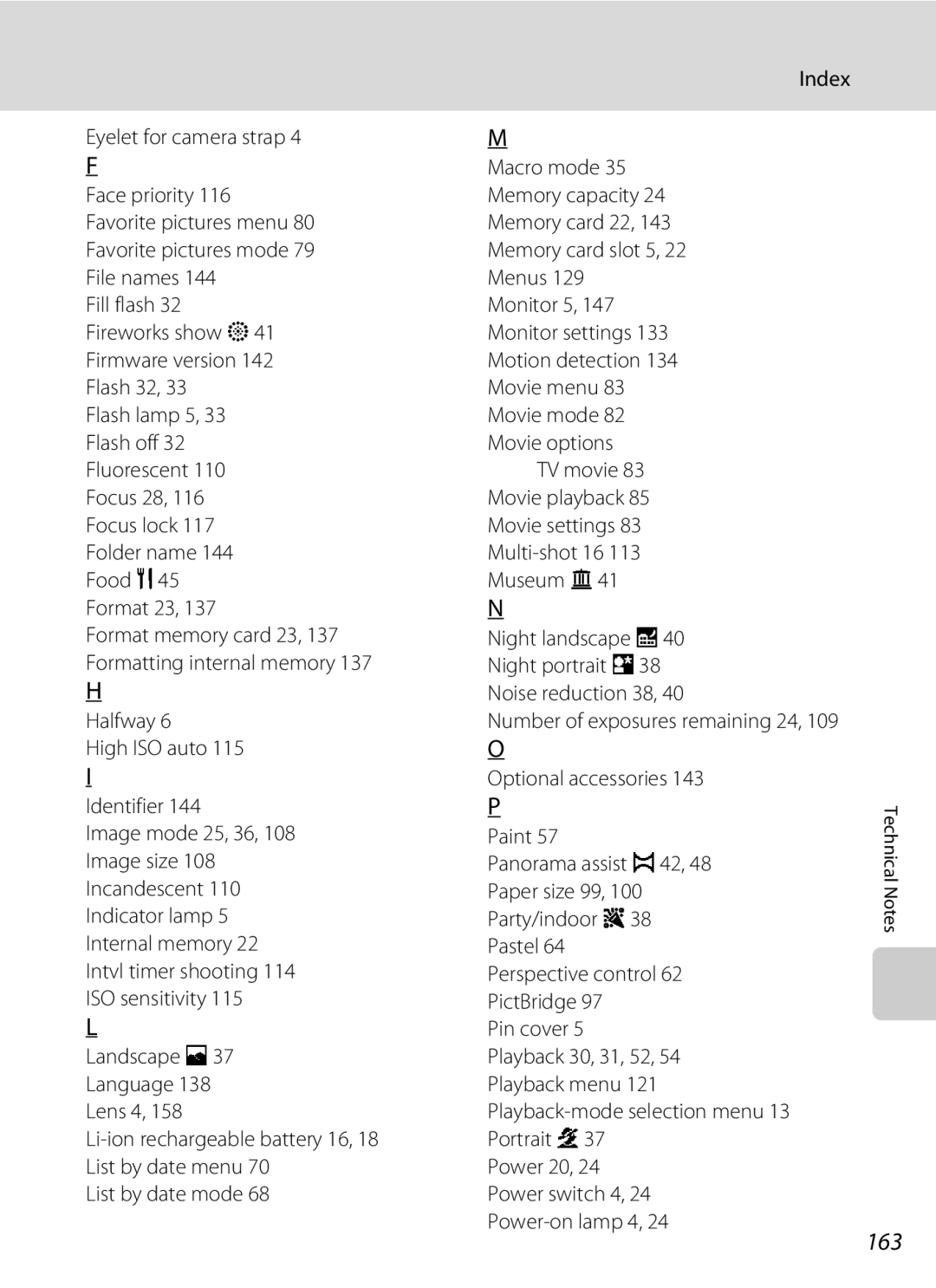 Nikon S230 user manual 163, Landscape c 37 Language 138 Lens 4 