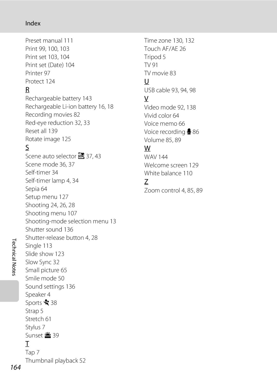 Nikon S230 user manual 164, Zoom control 4, 85 Tap Thumbnail playback 