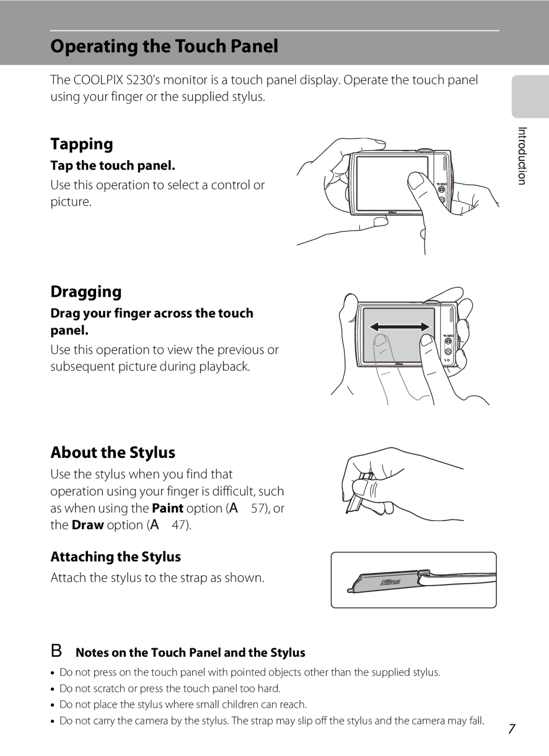 Nikon S230 user manual Operating the Touch Panel, Tapping, Dragging, About the Stylus, Attaching the Stylus 