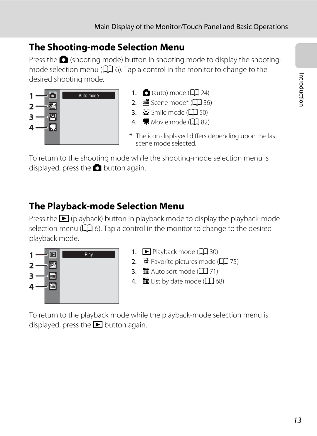 Nikon S230 user manual Shooting-mode Selection Menu, Playback-mode Selection Menu, Playback mode 