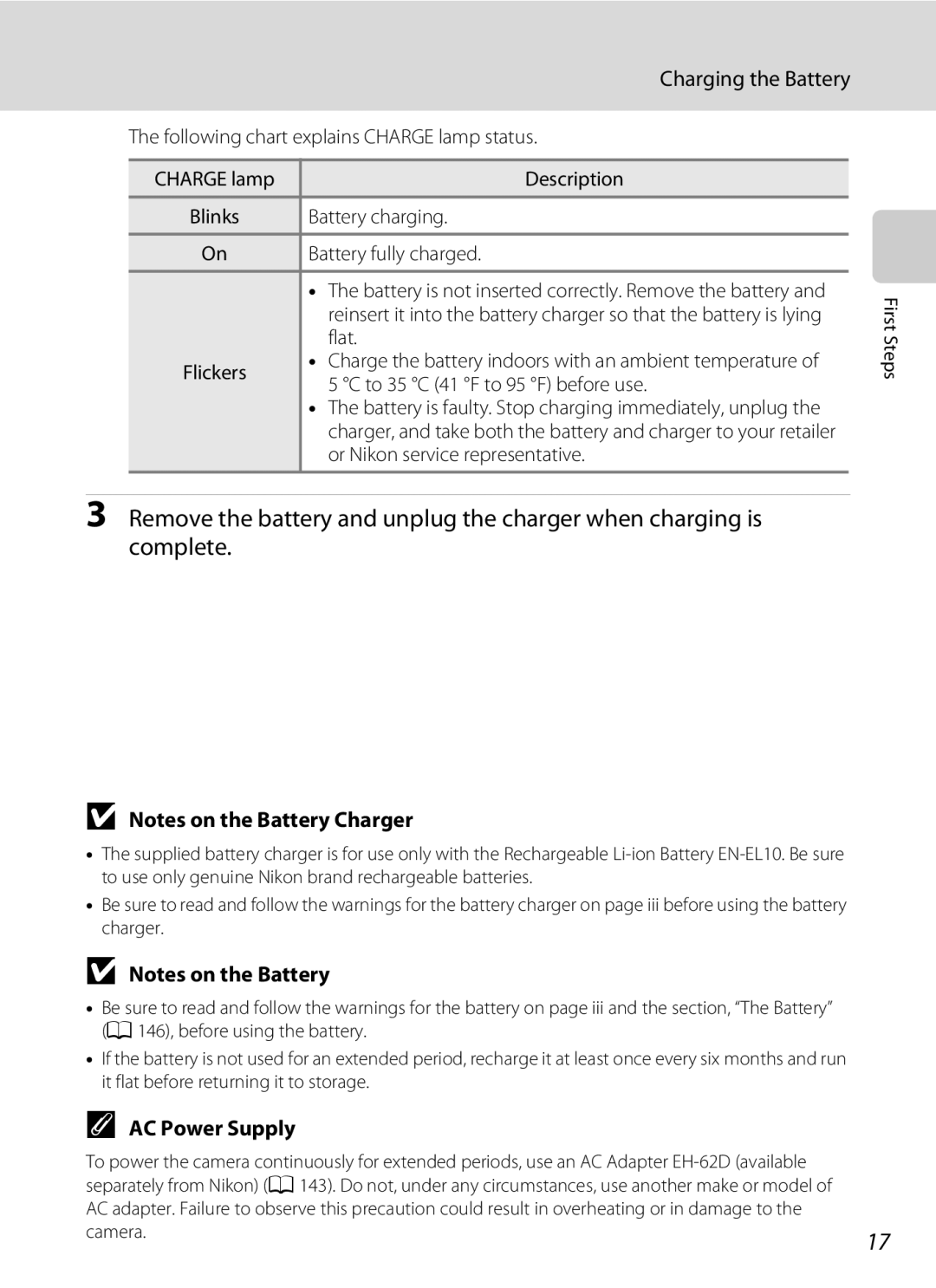 Nikon S230 user manual Charging the Battery, AC Power Supply 