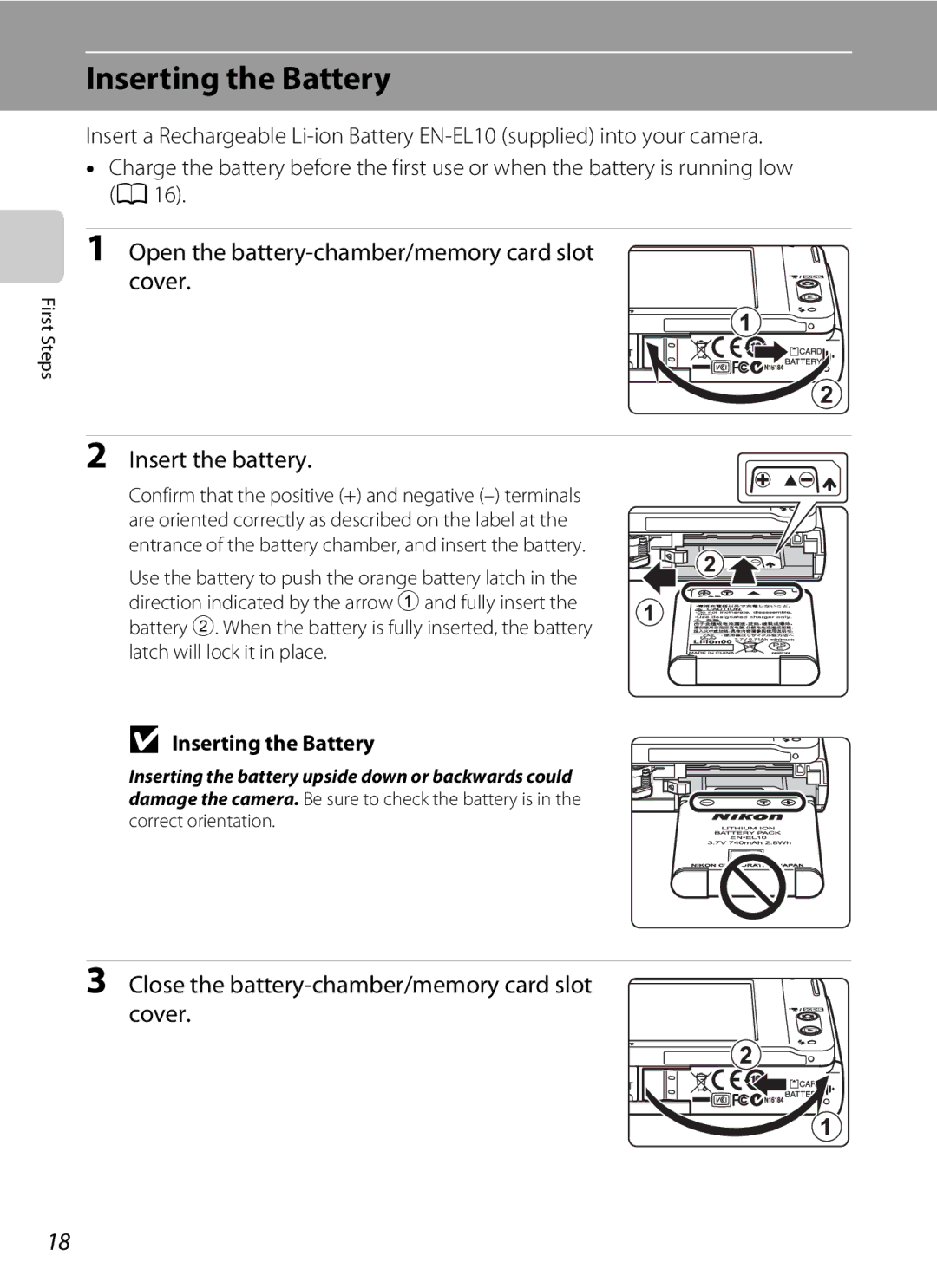 Nikon S230 user manual Inserting the Battery, Open the battery-chamber/memory card slot cover, Insert the battery 