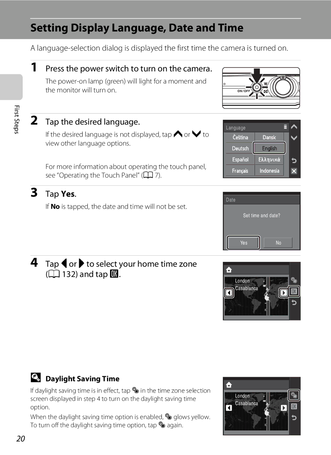 Nikon S230 user manual Setting Display Language, Date and Time, Tap the desired language, Tap Yes, Daylight Saving Time 