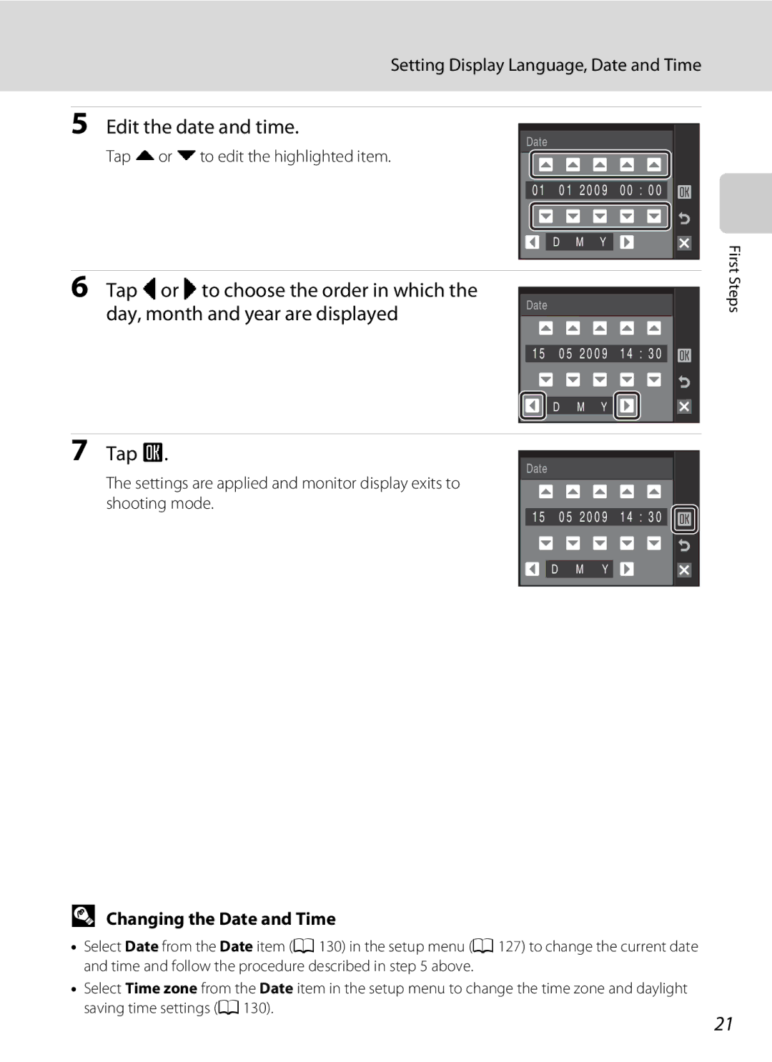 Nikon S230 Edit the date and time, Tap C or D to choose the order in which, Tap g, Setting Display Language, Date and Time 