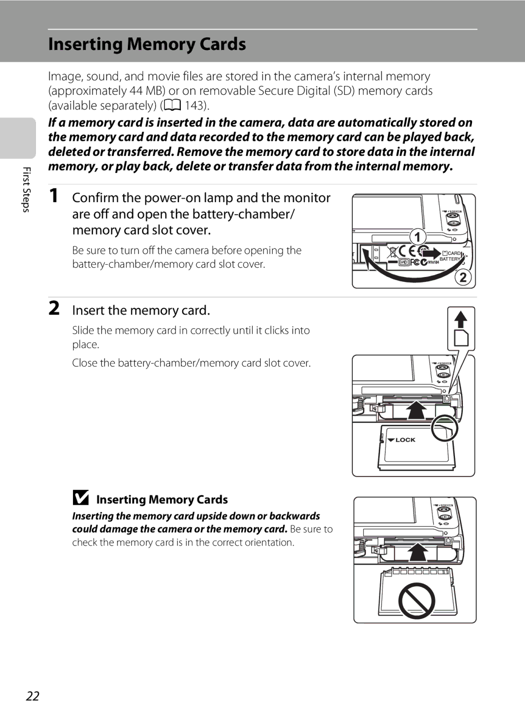 Nikon S230 user manual Inserting Memory Cards, Insert the memory card 