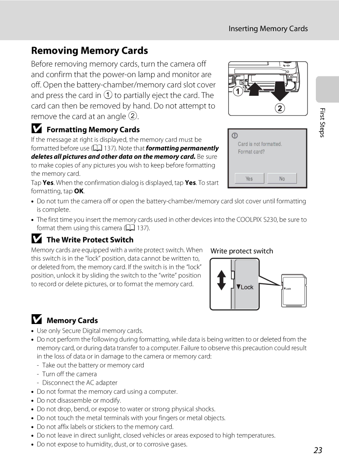 Nikon S230 user manual Removing Memory Cards, Inserting Memory Cards, Formatting Memory Cards, Write Protect Switch 