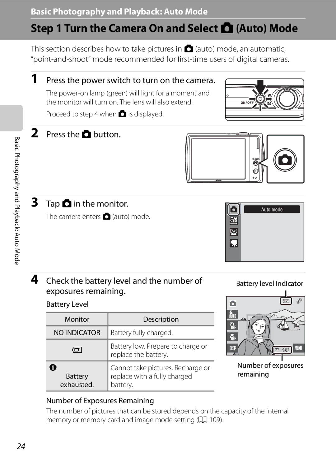 Nikon S230 Turn the Camera On and Select AAuto Mode, Press the power switch to turn on the camera, Exposures remaining 