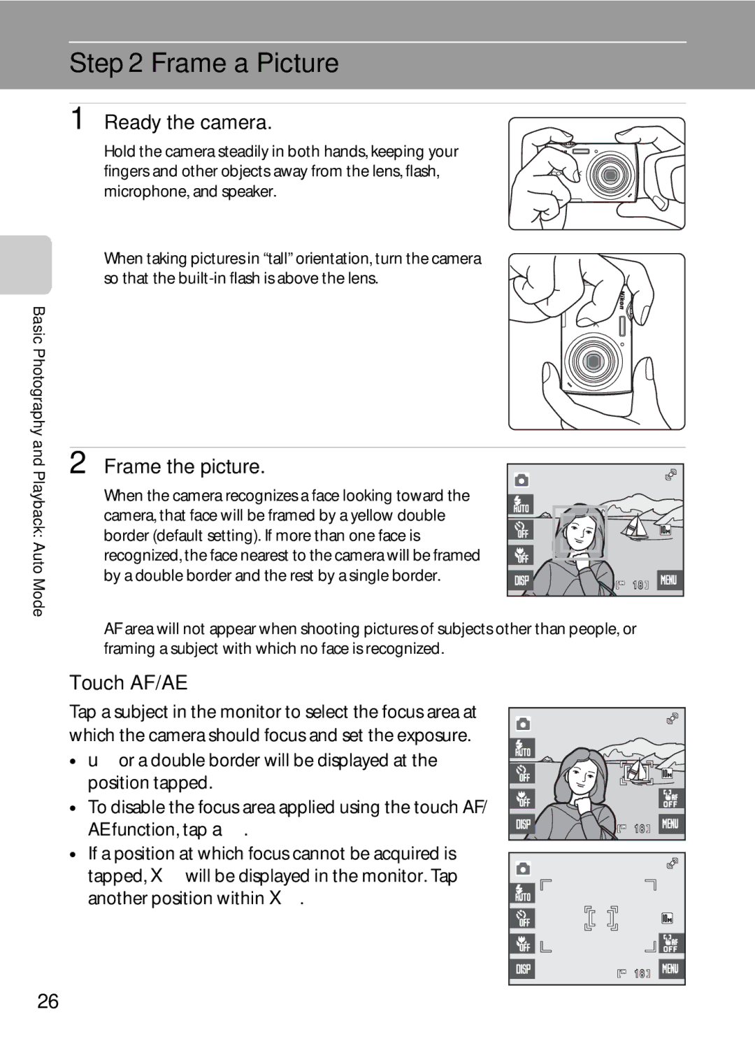 Nikon S230 user manual Frame a Picture, Ready the camera, Frame the picture, Touch AF/AE 