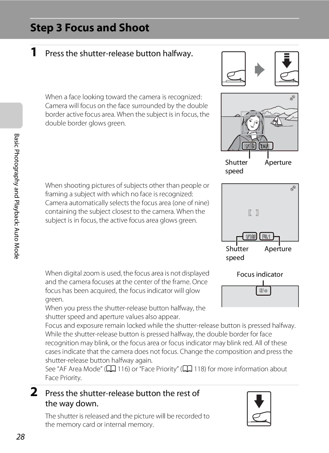 Nikon S230 user manual Focus and Shoot, Press the shutter-release button halfway, Shutter Aperture speed 