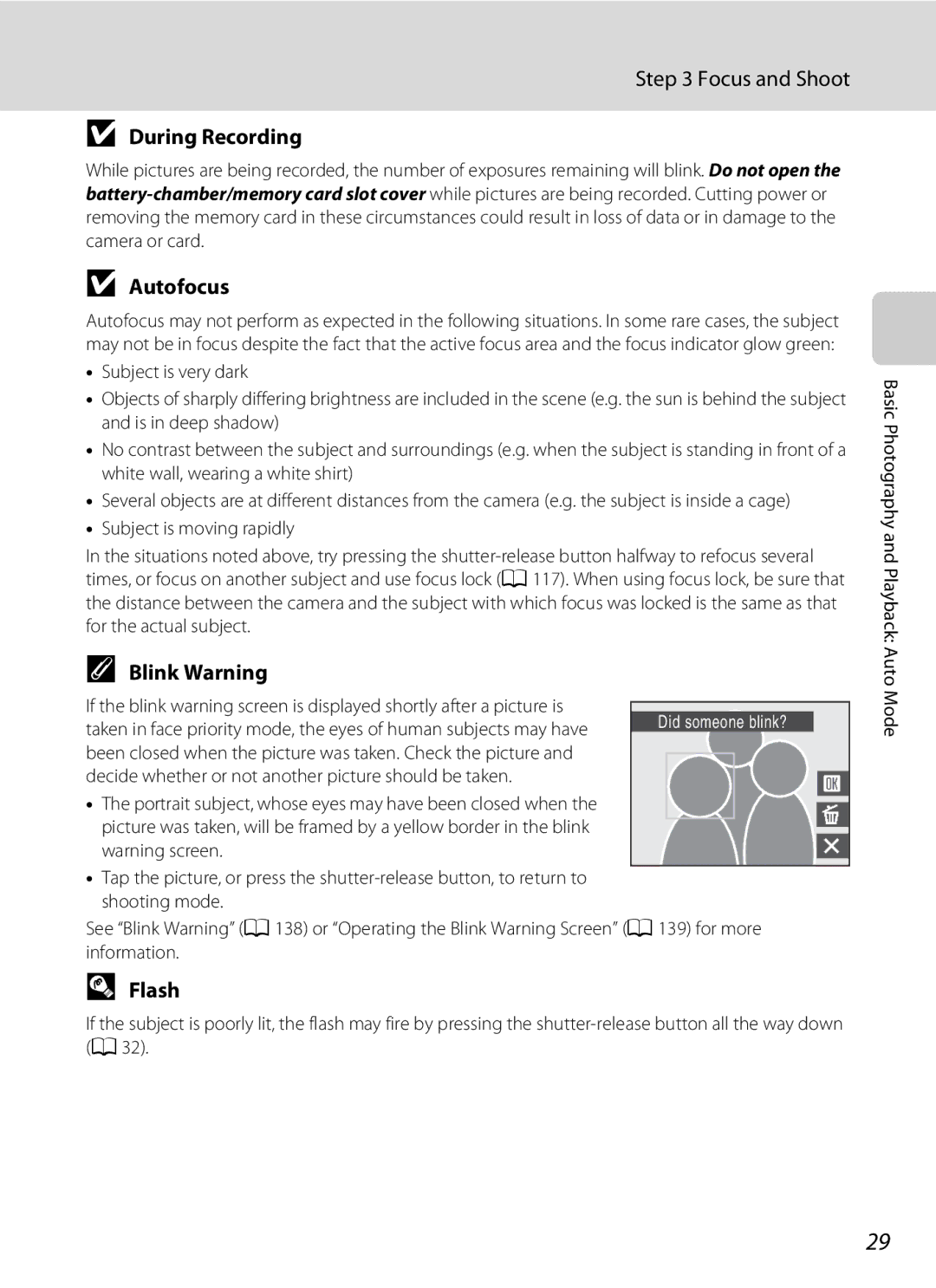 Nikon S230 user manual Focus and Shoot, During Recording, Autofocus, Blink Warning, Flash 