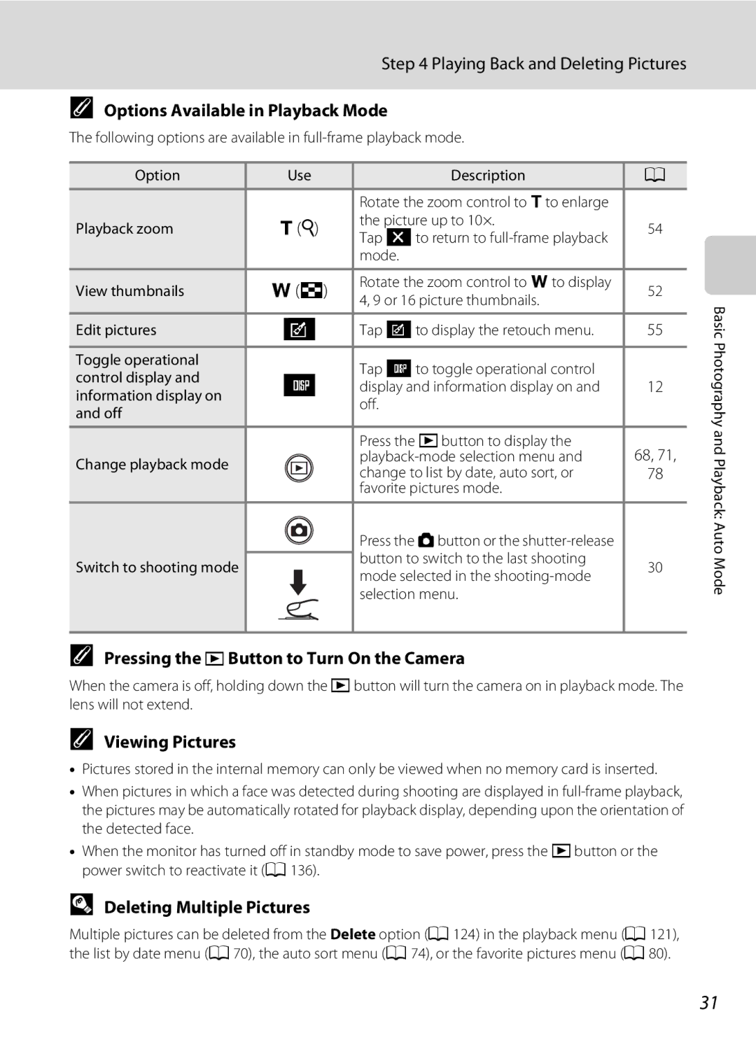 Nikon S230 user manual Playing Back and Deleting Pictures, Options Available in Playback Mode, Viewing Pictures 