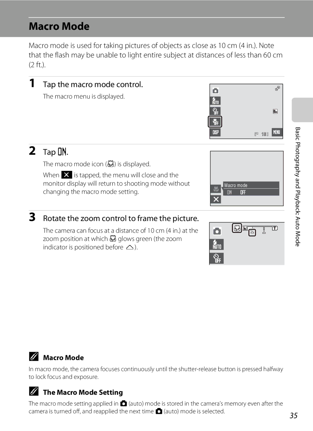 Nikon S230 user manual Macro Mode, Tap the macro mode control, Tap o, Rotate the zoom control to frame the picture 