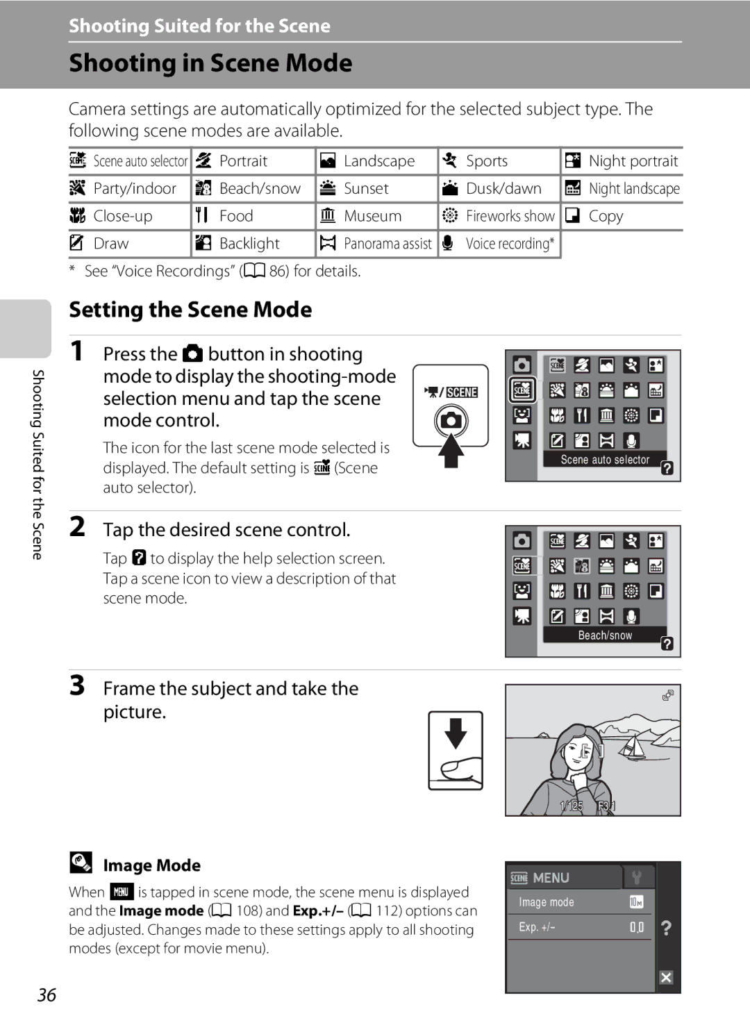 Nikon S230 user manual Shooting in Scene Mode, Setting the Scene Mode, Tap the desired scene control, Image Mode 