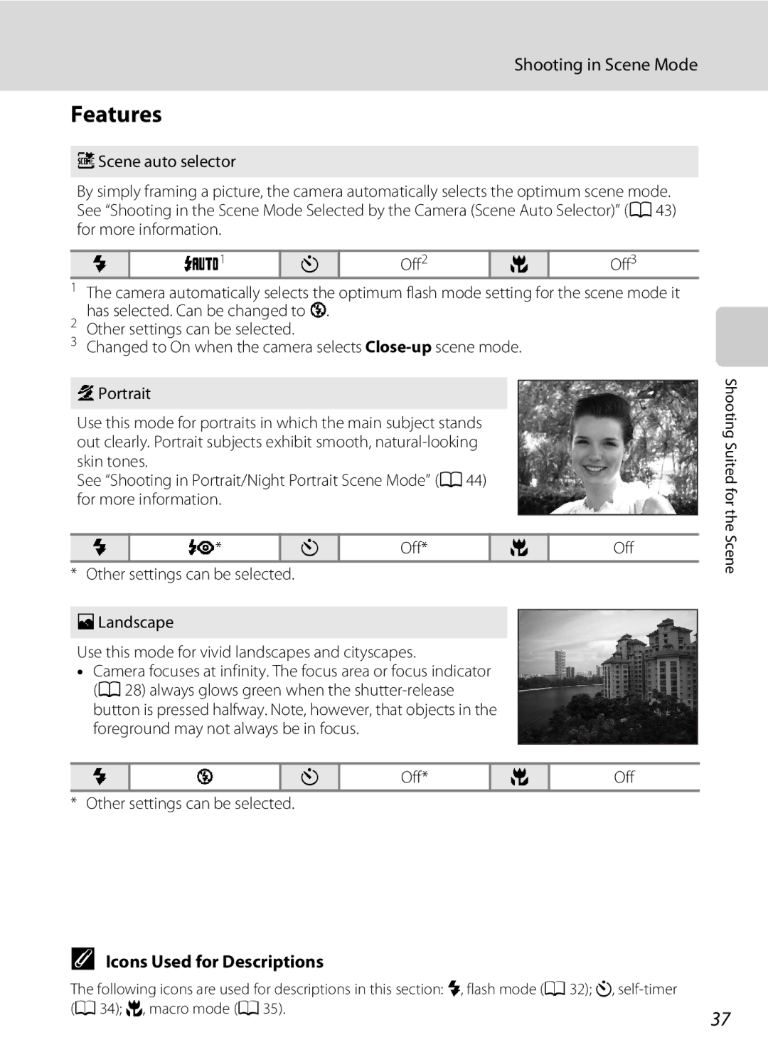 Nikon S230 user manual Features, Shooting in Scene Mode, Icons Used for Descriptions, Off Other settings can be selected 