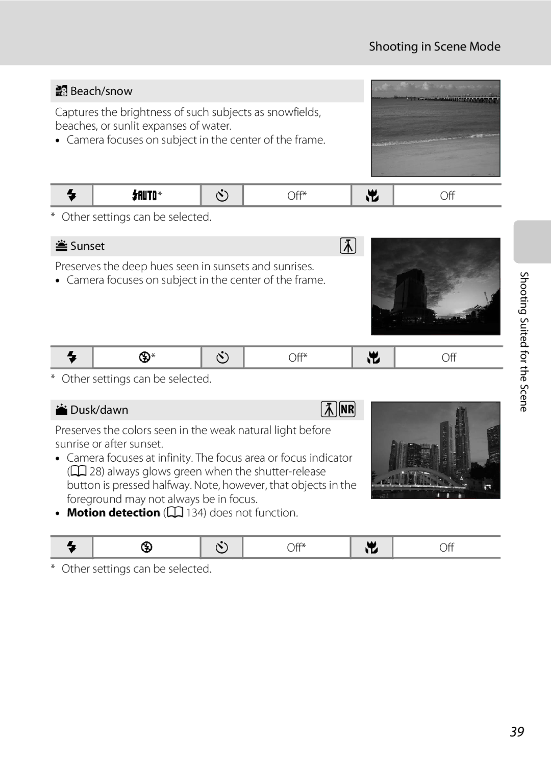 Nikon S230 user manual Beach/snow, Camera focuses on subject in the center of the frame Off 