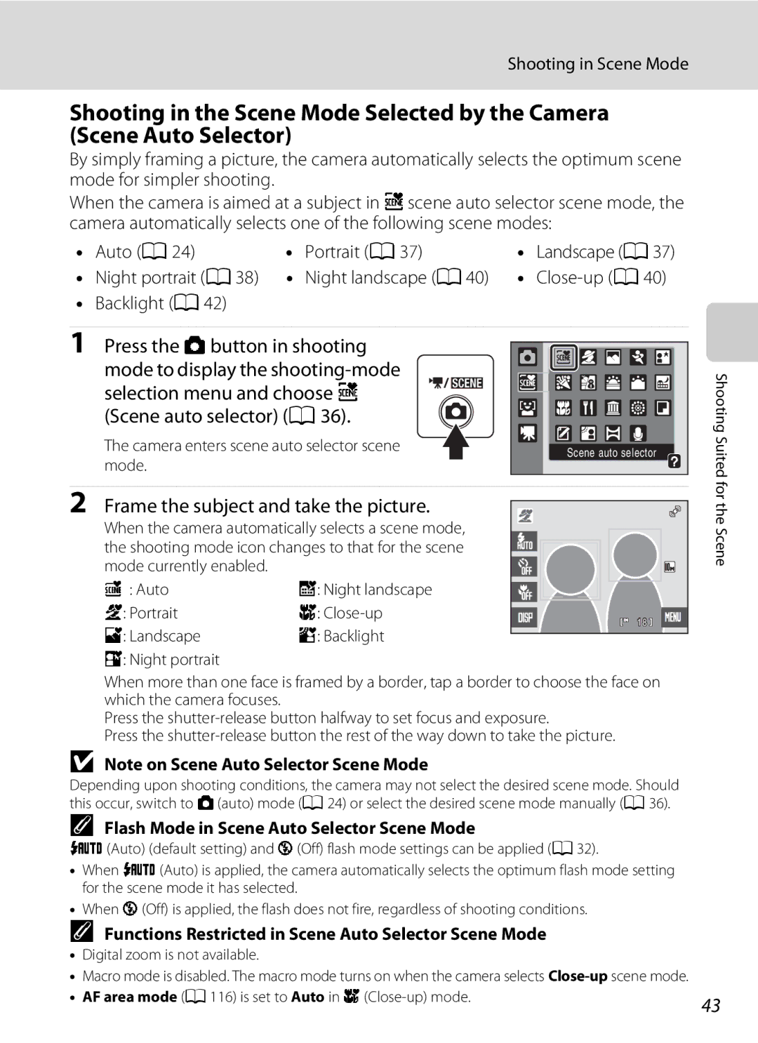 Nikon S230 user manual Press the Abutton in shooting, Night portrait a Night landscape a Close-up a Backlight a 