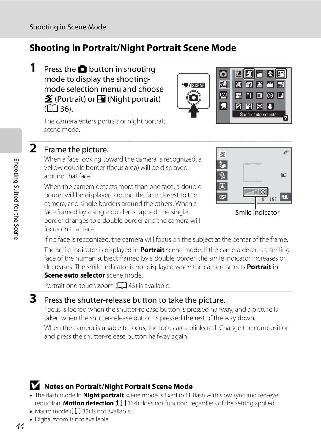 Nikon S230 user manual Shooting in Portrait/Night Portrait Scene Mode, Press the shutter-release button to take the picture 