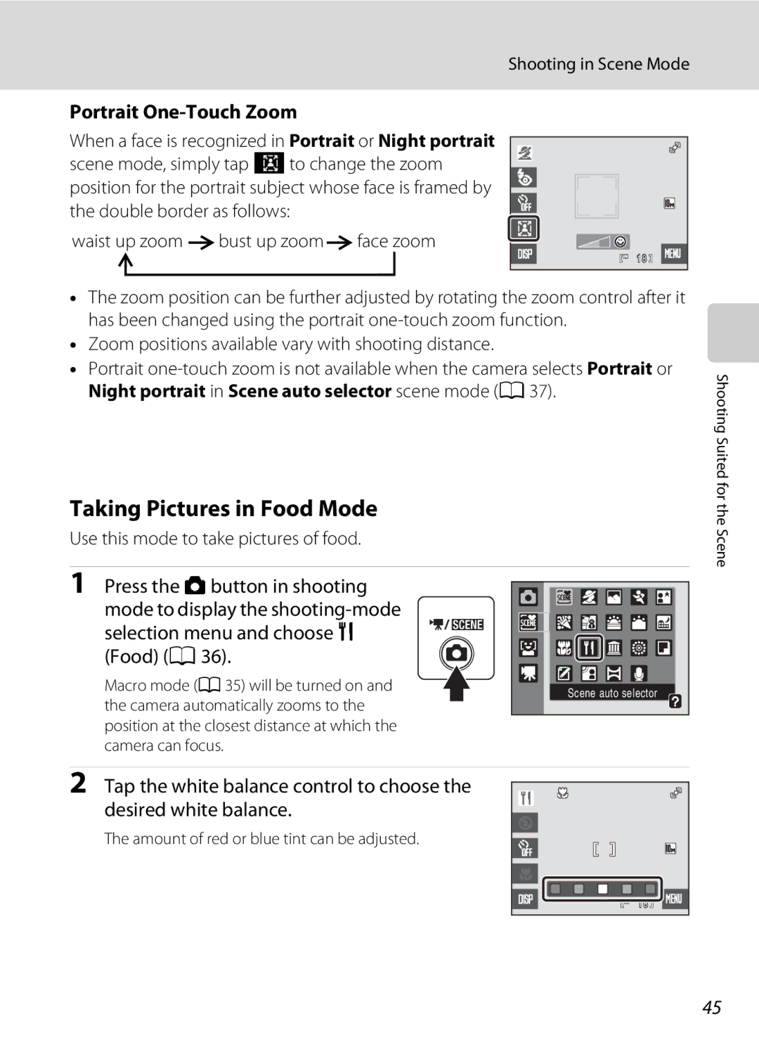 Nikon S230 user manual Taking Pictures in Food Mode, Portrait One-Touch Zoom, Use this mode to take pictures of food 