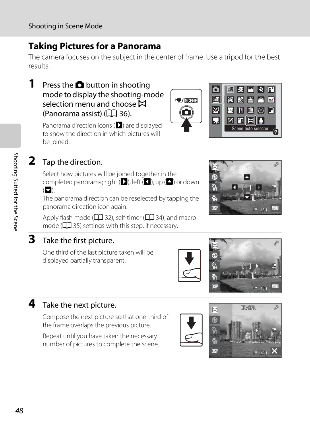 Nikon S230 user manual Taking Pictures for a Panorama, Tap the direction, Take the first picture, Take the next picture 