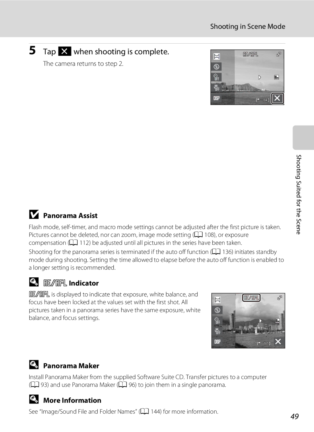 Nikon S230 user manual Tap Hwhen shooting is complete, Panorama Assist, RIndicator, Panorama Maker, More Information 