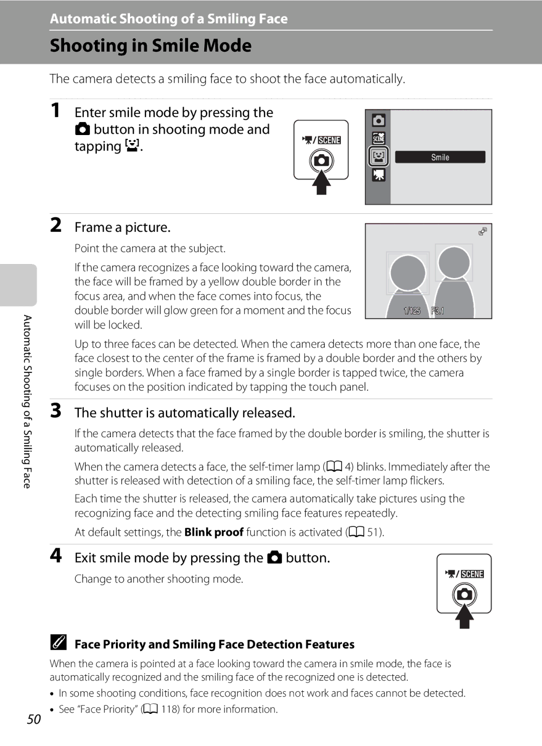 Nikon S230 user manual Shooting in Smile Mode, Frame a picture, Shutter is automatically released 