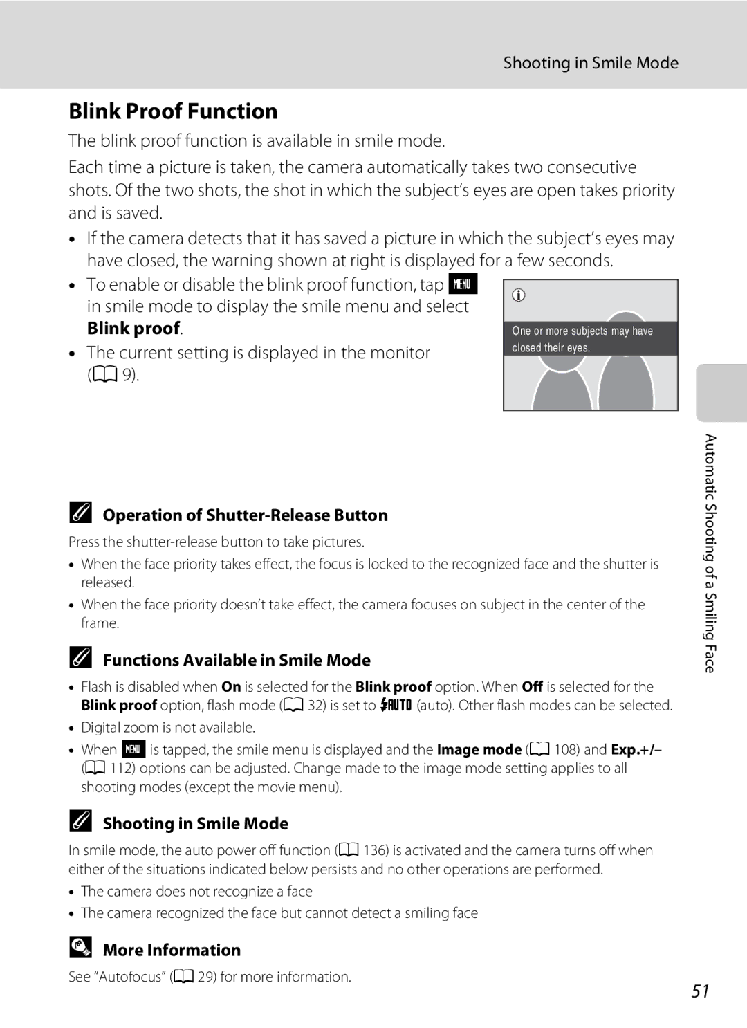 Nikon S230 Blink Proof Function, Blink proof, Operation of Shutter-Release Button, Functions Available in Smile Mode 