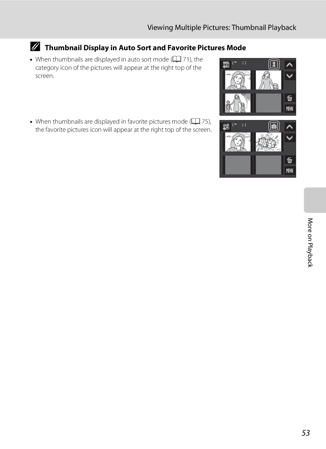 Nikon S230 Viewing Multiple Pictures Thumbnail Playback, Thumbnail Display in Auto Sort and Favorite Pictures Mode 