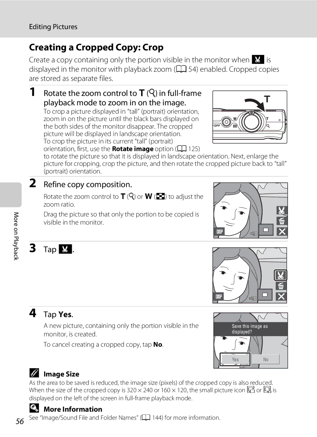 Nikon S230 user manual Creating a Cropped Copy Crop, Refine copy composition, Tap G Tap Yes, Editing Pictures, Image Size 