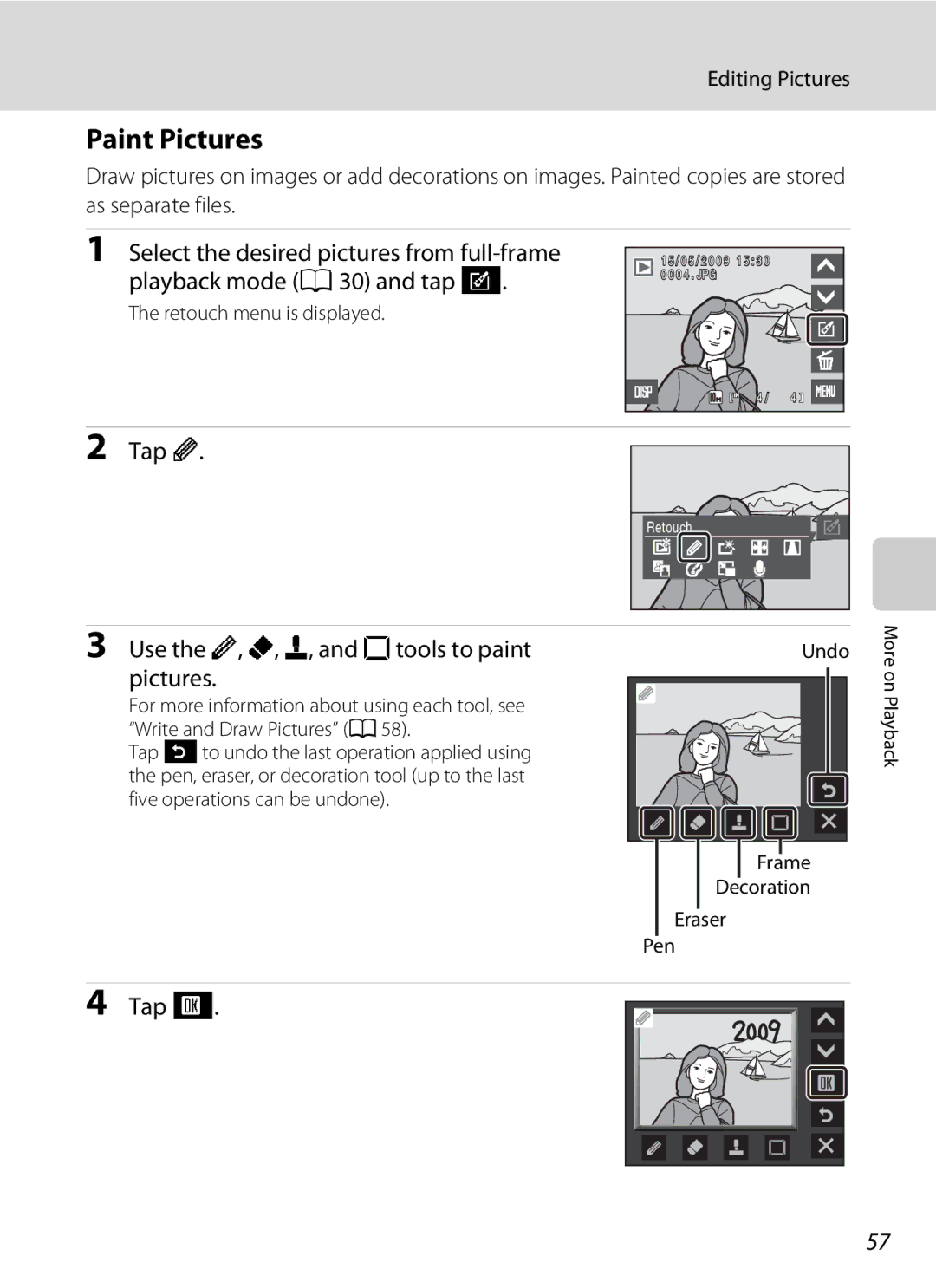 Nikon S230 user manual Paint Pictures, Tap d, Use the I, J, K, and Ltools to paint 