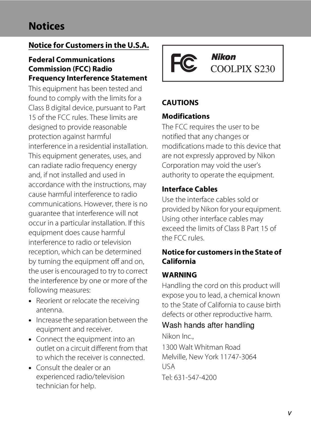 Nikon S230 user manual Modifications, Interface Cables, Nikon Inc Walt Whitman Road Melville, New York, Tel 