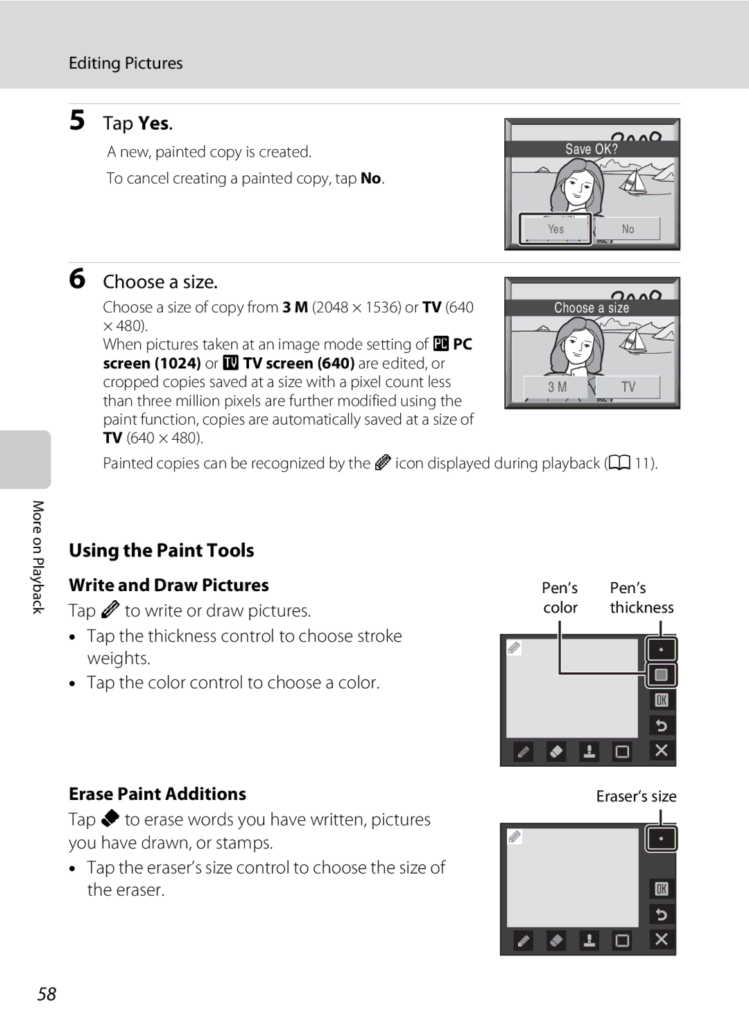 Nikon S230 user manual Choose a size, Using the Paint Tools, Write and Draw Pictures, Erase Paint Additions 