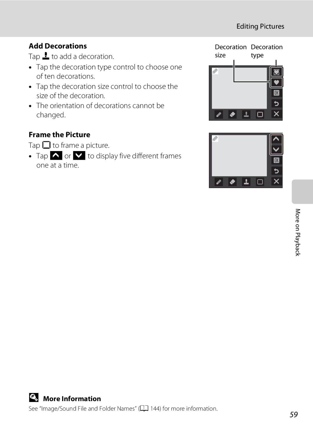 Nikon S230 user manual Add Decorations, Frame the Picture, Decoration Decoration Size type 