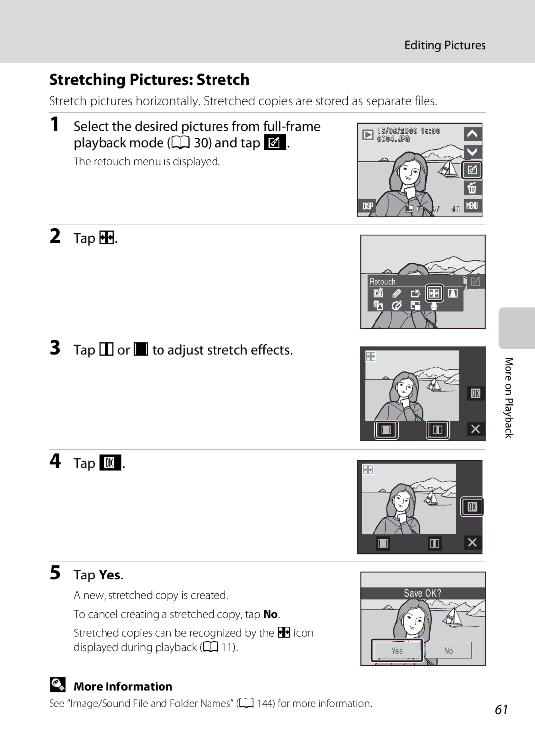 Nikon S230 user manual Stretching Pictures Stretch, Tap P, Tap qor rto adjust stretch effects, Tap Tap Yes 