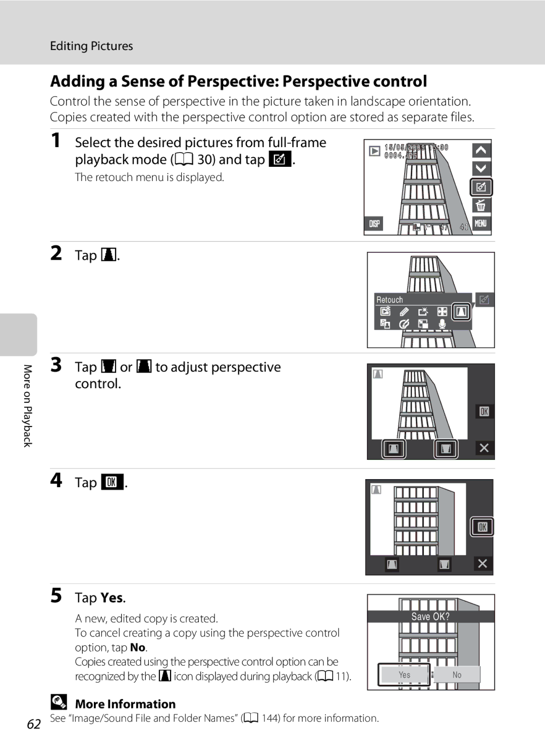 Nikon S230 user manual Adding a Sense of Perspective Perspective control, Tap yor zto adjust perspective control Tap Yes 