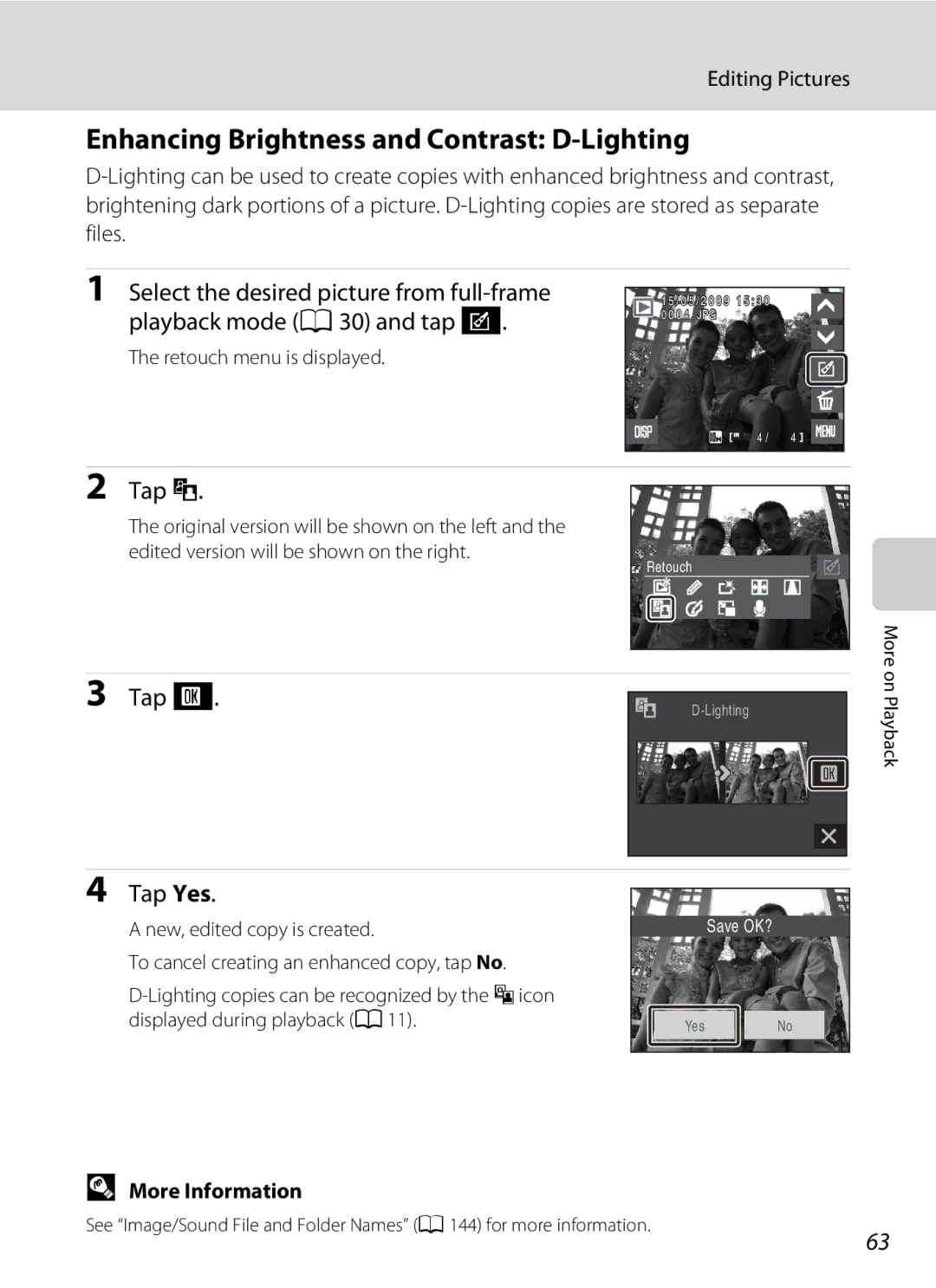 Nikon S230 user manual Enhancing Brightness and Contrast D-Lighting, Playback mode a 30 and tap D 