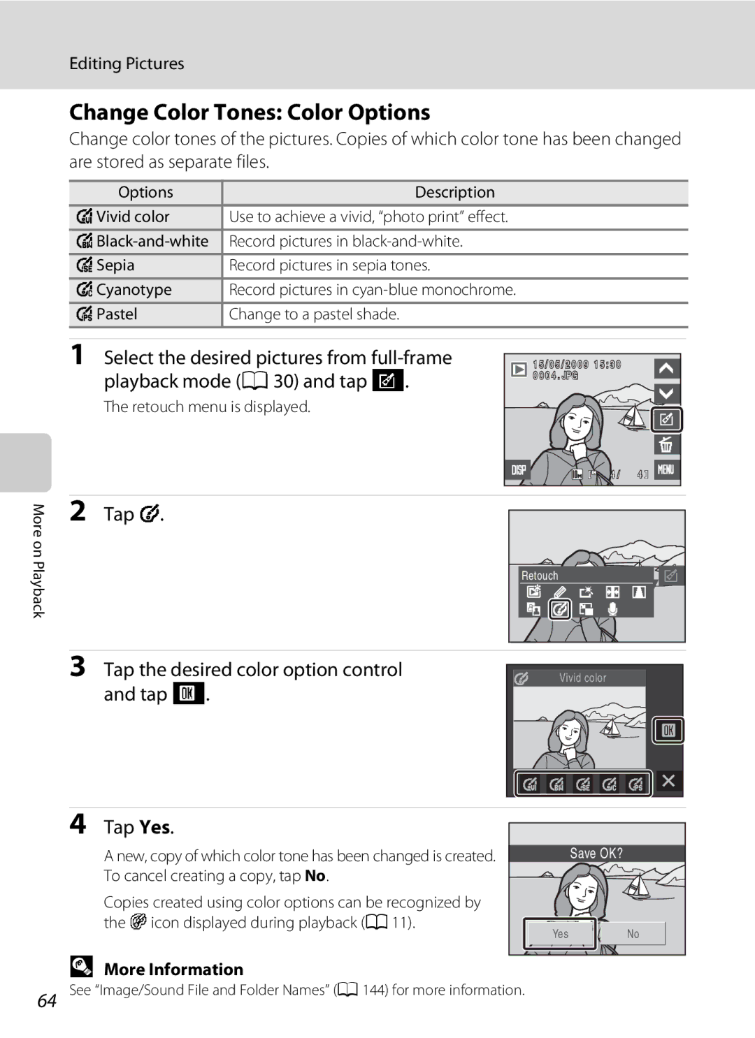 Nikon S230 user manual Change Color Tones Color Options, Tap the desired color option control and tap 