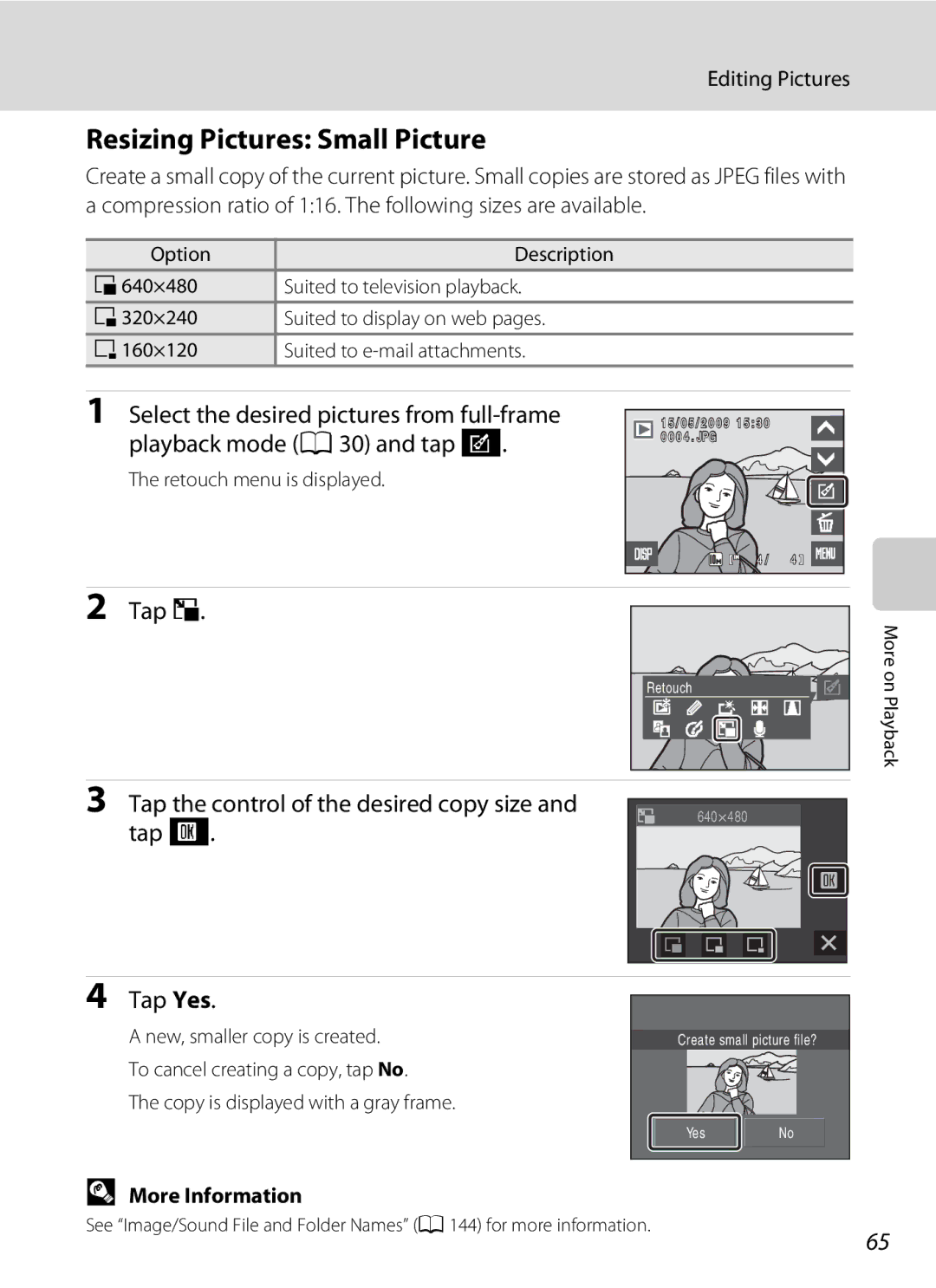 Nikon S230 Resizing Pictures Small Picture, Tap the control of the desired copy size, Copy is displayed with a gray frame 