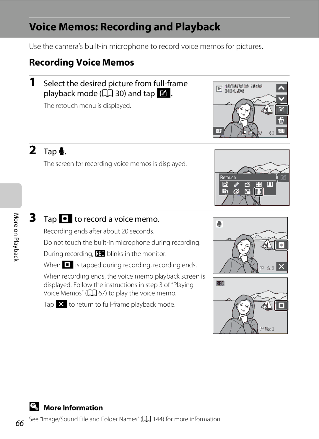 Nikon S230 user manual Voice Memos Recording and Playback, Recording Voice Memos, Tap E, Tap Wto record a voice memo 