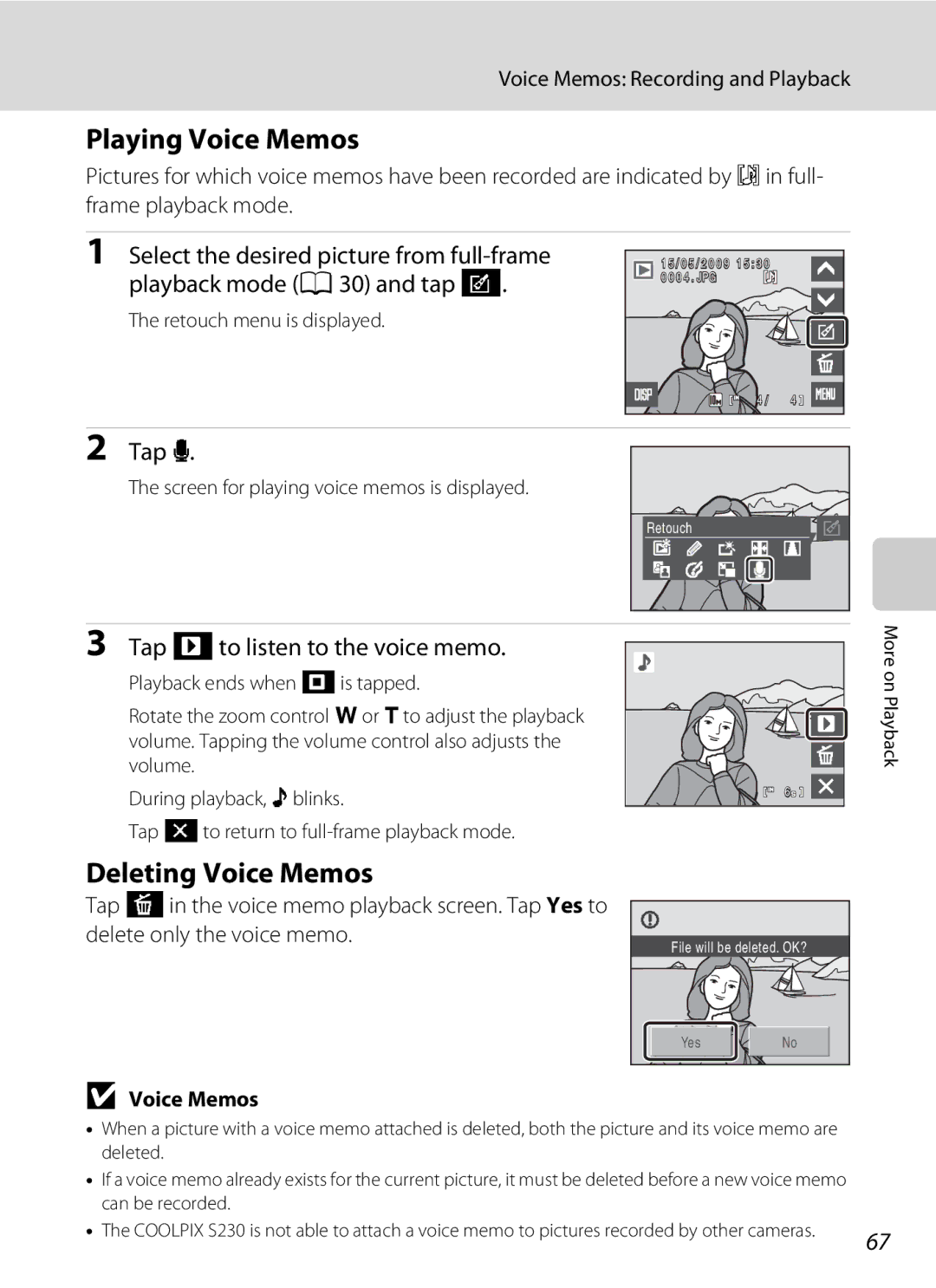 Nikon S230 Playing Voice Memos, Deleting Voice Memos, Tap Rto listen to the voice memo, Voice Memos Recording and Playback 