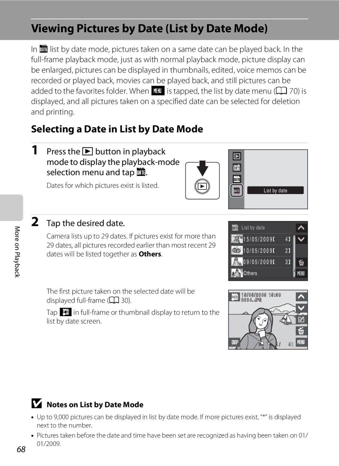 Nikon S230 Viewing Pictures by Date List by Date Mode, Selecting a Date in List by Date Mode, Tap the desired date 