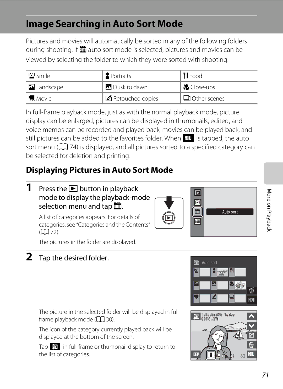 Nikon S230 user manual Image Searching in Auto Sort Mode, Displaying Pictures in Auto Sort Mode, Selection menu and tap F 