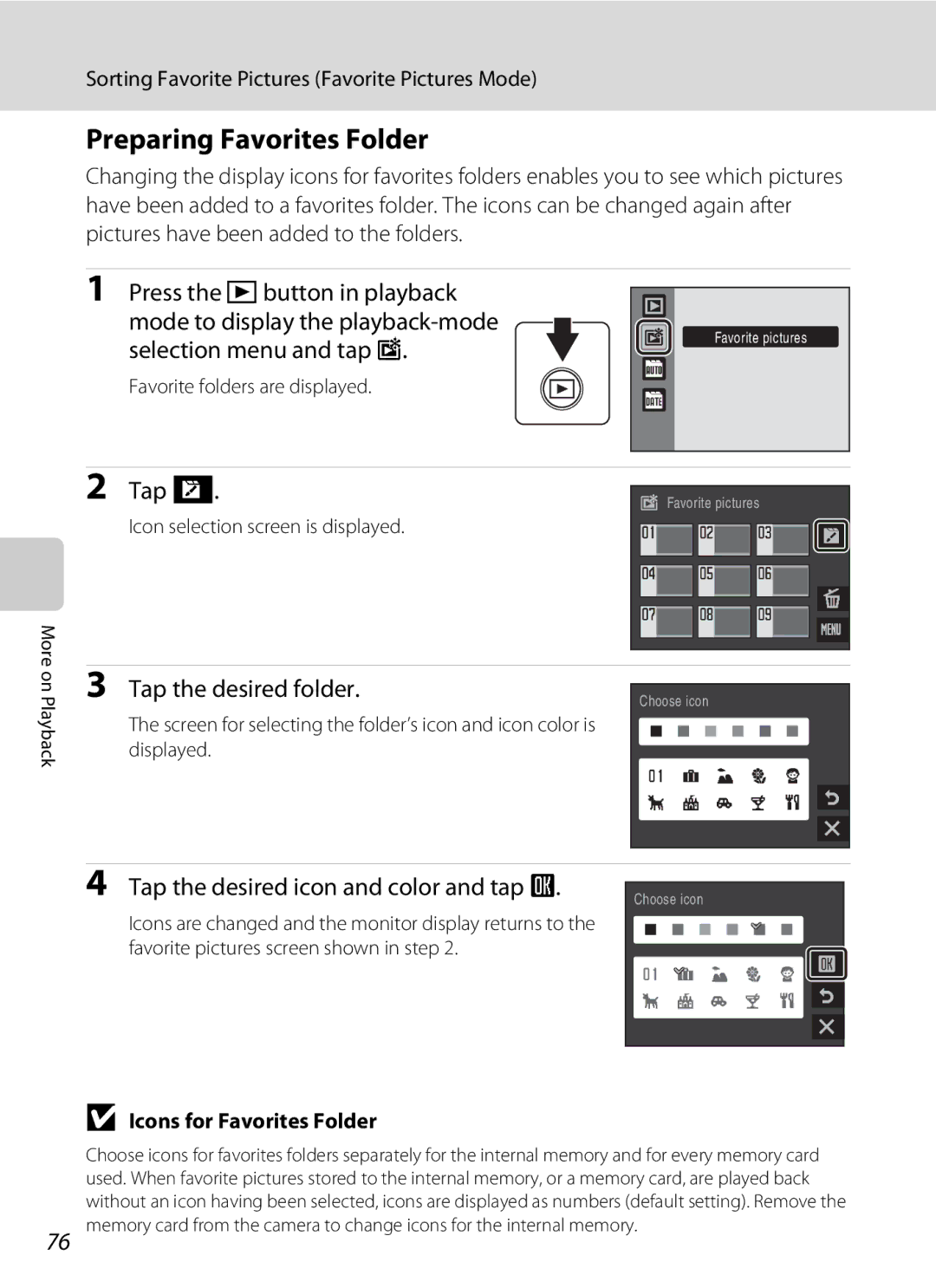 Nikon S230 user manual Preparing Favorites Folder, Tap the desired icon and color and tap g, Icons for Favorites Folder 