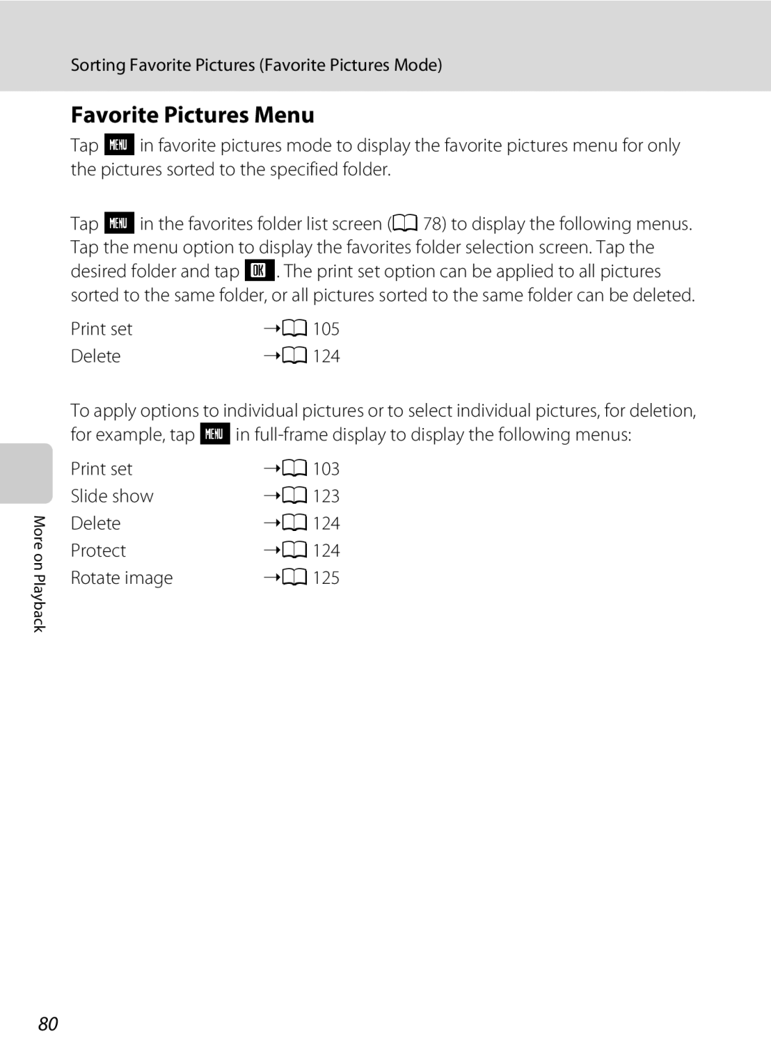 Nikon S230 user manual Favorite Pictures Menu, Print set 105 Delete 124 