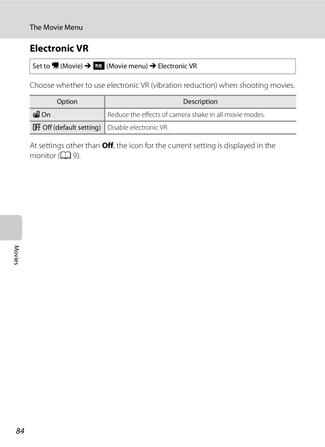 Nikon S230 user manual Movie Menu, Set to DMovie MFMovie menu MElectronic VR 