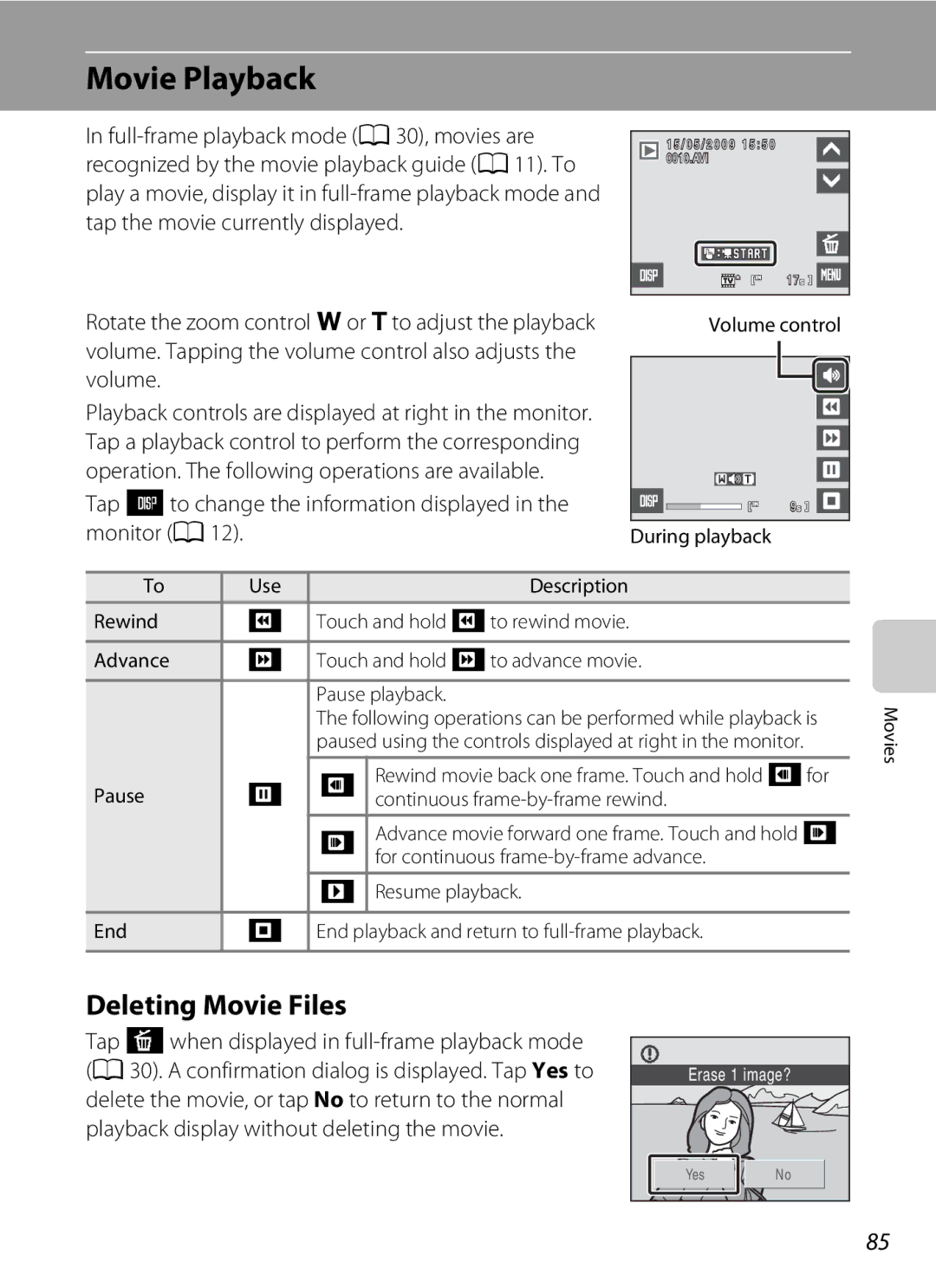 Nikon S230 user manual Movie Playback, Deleting Movie Files, Tap Ato change the information displayed in the monitor a 