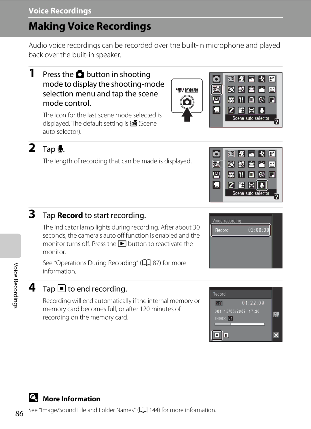 Nikon S230 user manual Making Voice Recordings, Tap Record to start recording, Tap hto end recording 