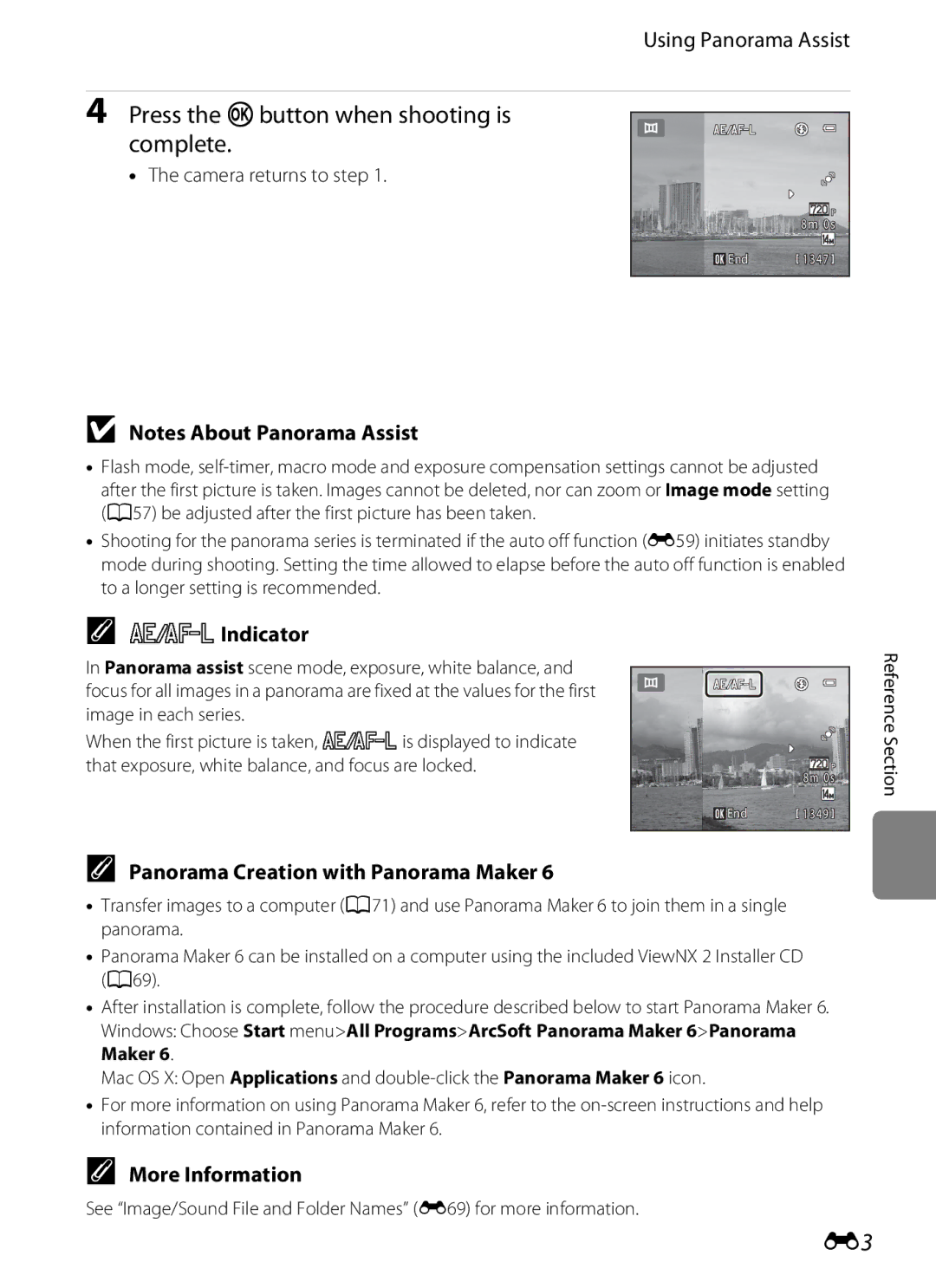 Nikon S2600 manual Press the kbutton when shooting is complete, Using Panorama Assist, RIndicator, More Information 