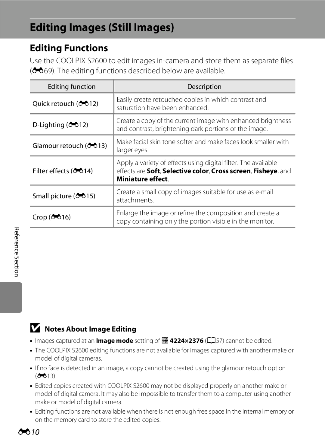 Nikon S2600 manual Editing Images Still Images, Editing Functions, E10 